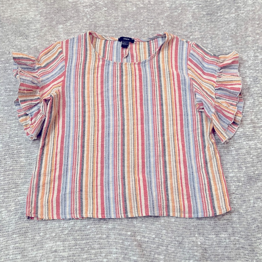 Drew Striped Multicolor Ruffle Short Sleeve Cotton Scoopneck Popover Blouse XS